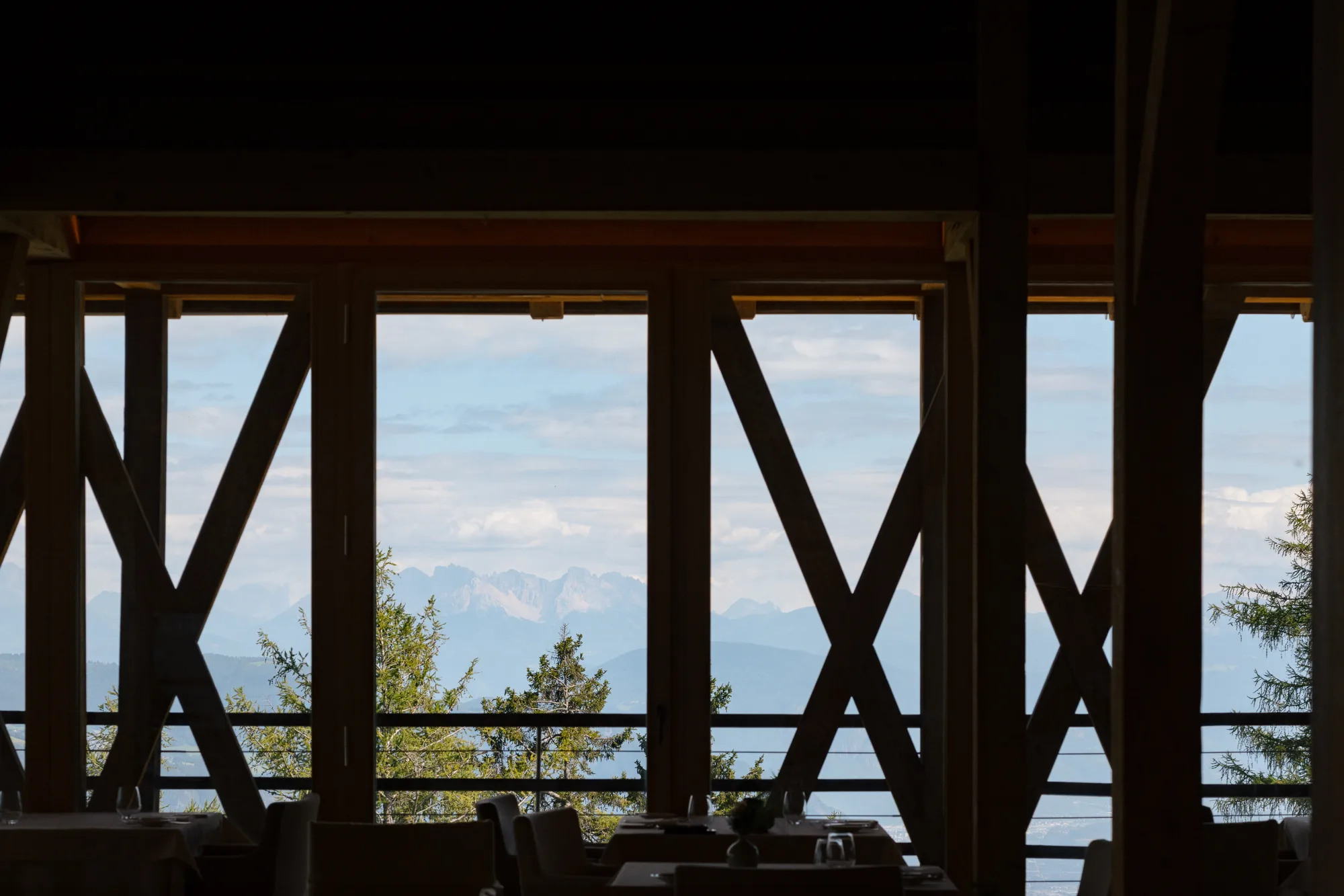 Restaurant 1500 with panoramic Dolomites views at vigilius mountain resort.