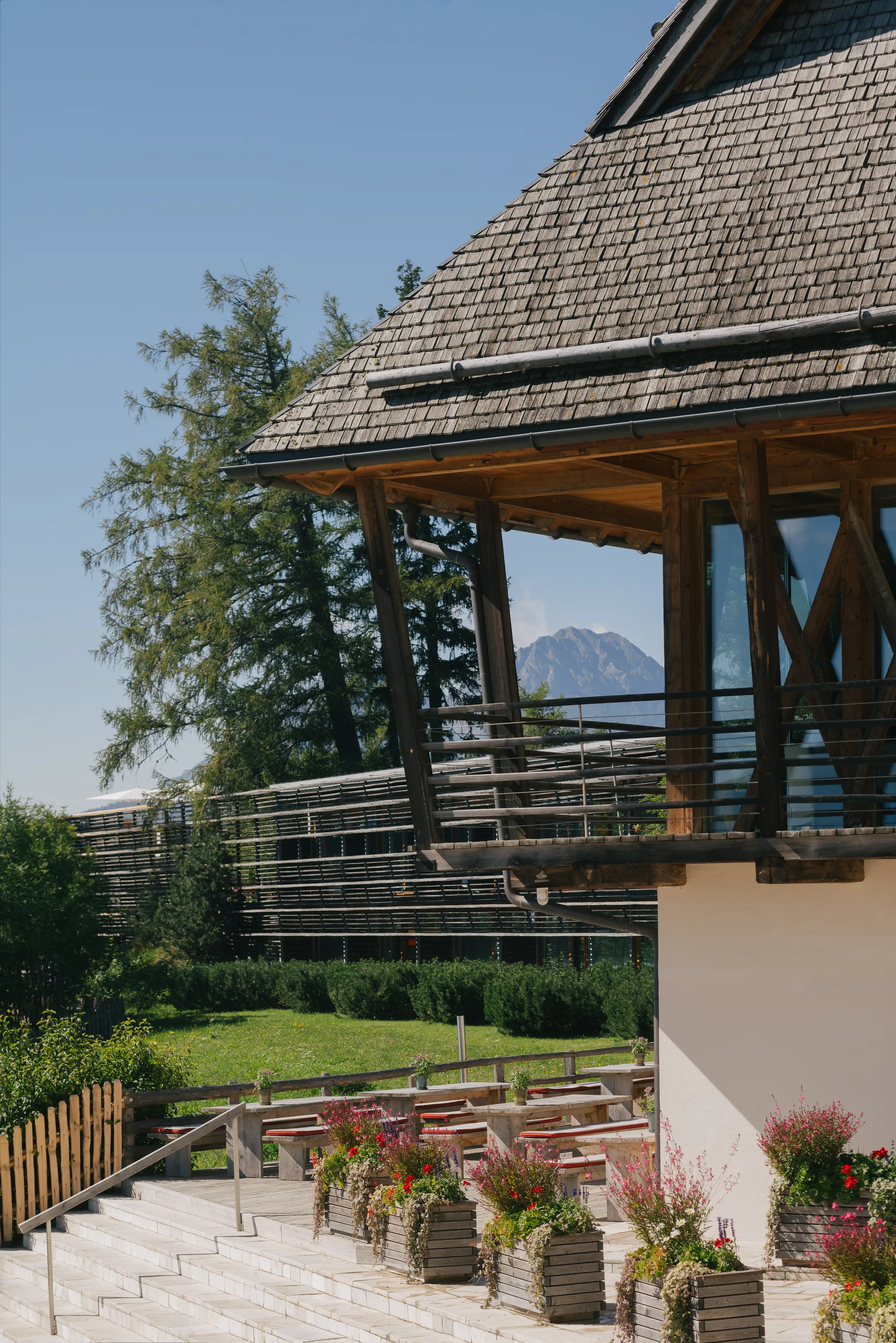 Dining room in natural materials at vigilius mountain resort.