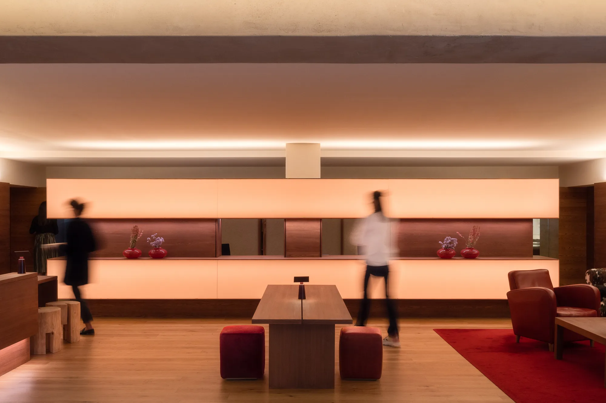 Reception and lobby in natural materials at vigilius mountain resort.