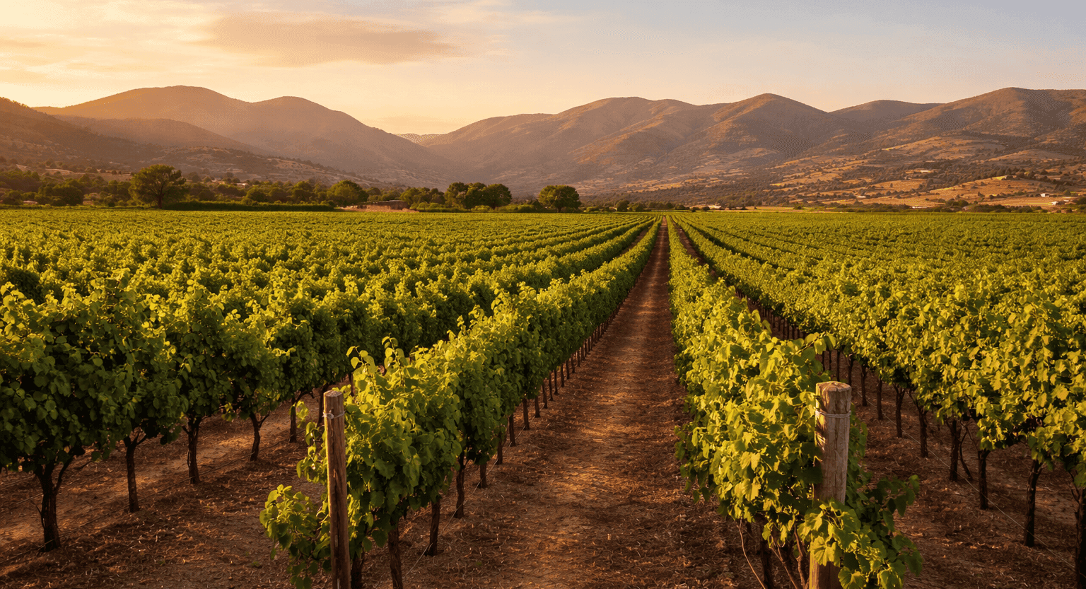 Weinberge im Valle de Guadalupe bei Sonnenuntergang