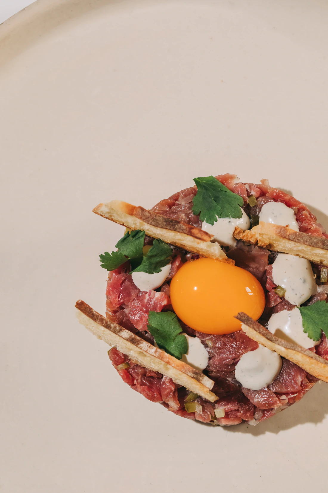 Beef tartare with egg yolk, dots of pale cream and crisp strips of bread