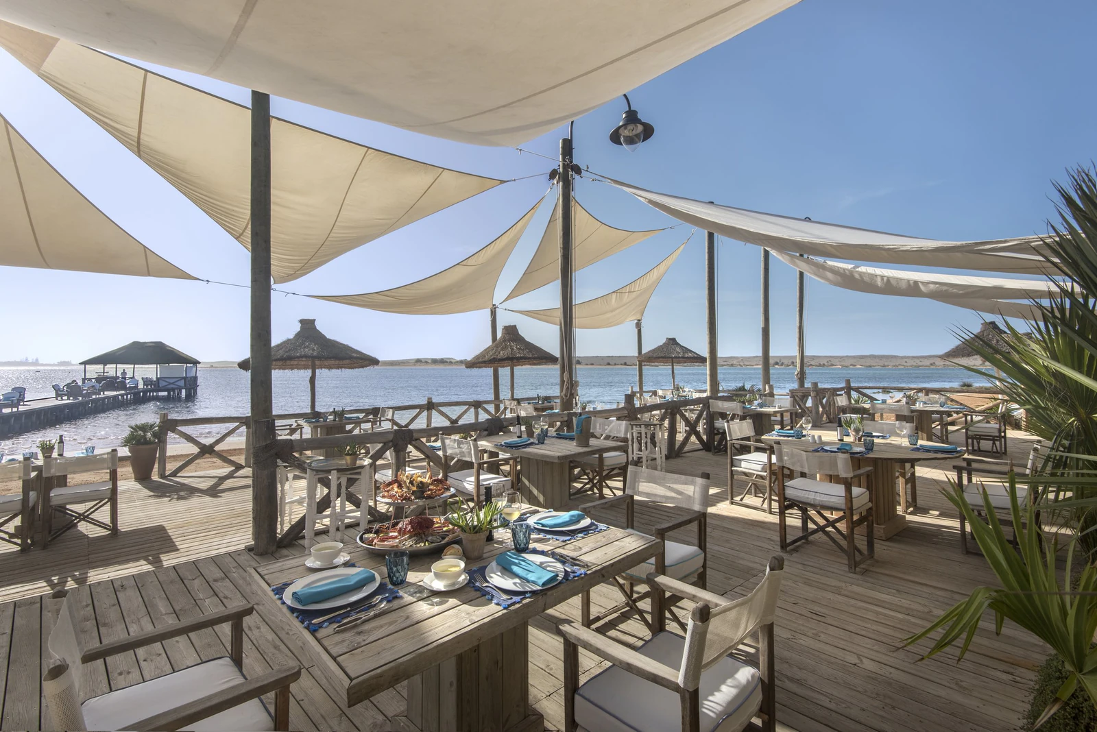 The terrace of La Table de La Plage above the lagoon. Non-residents can ask for a table at lunchtime; book well ahead. Photo: La Sultana Oualidia
