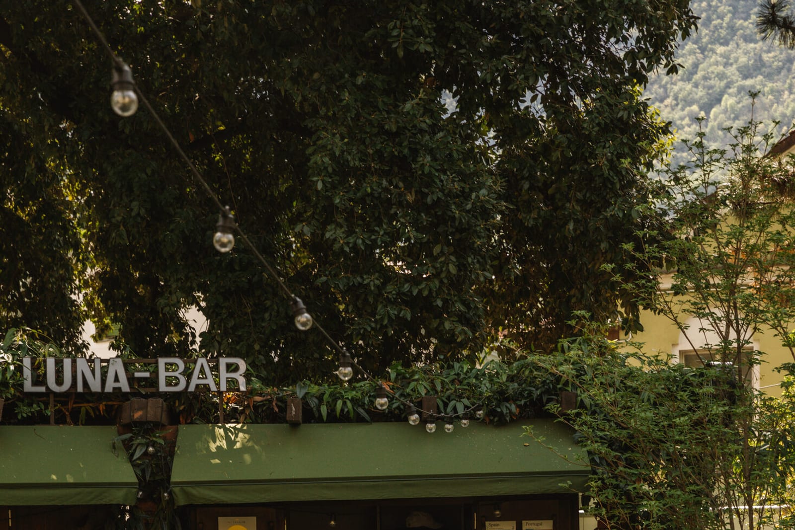 The Luna Bar at Parkhotel Mondschein glowing in the evening
