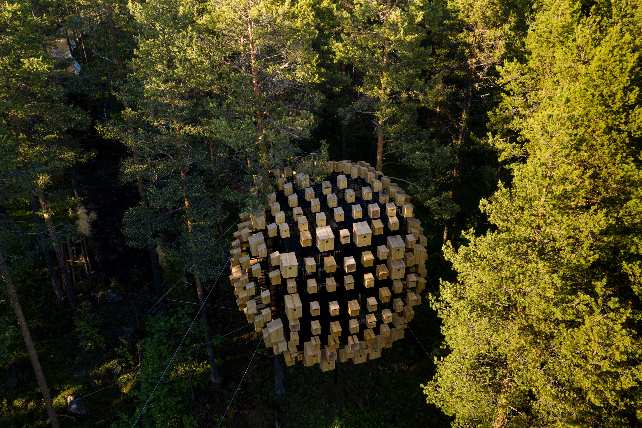 Treehotel — die Biosphere von Bjarke Ingels Group, eine kugelförmige Wolke aus Nistkästen im Wald