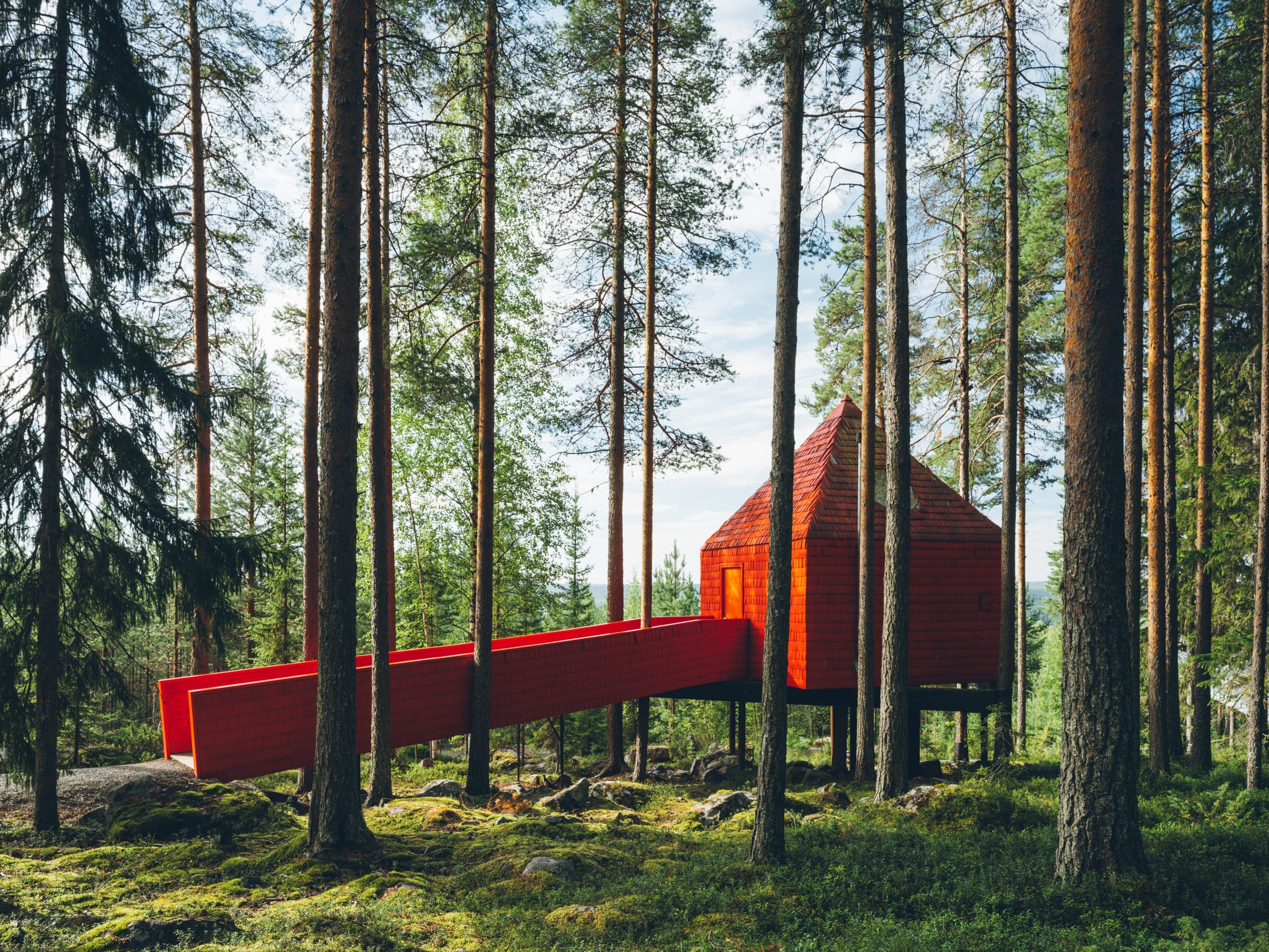 Treehotel — der Blue Cone, eine leuchtend rote Hütte mit Holzschindeln, über eine sanfte Rampe erreichbar