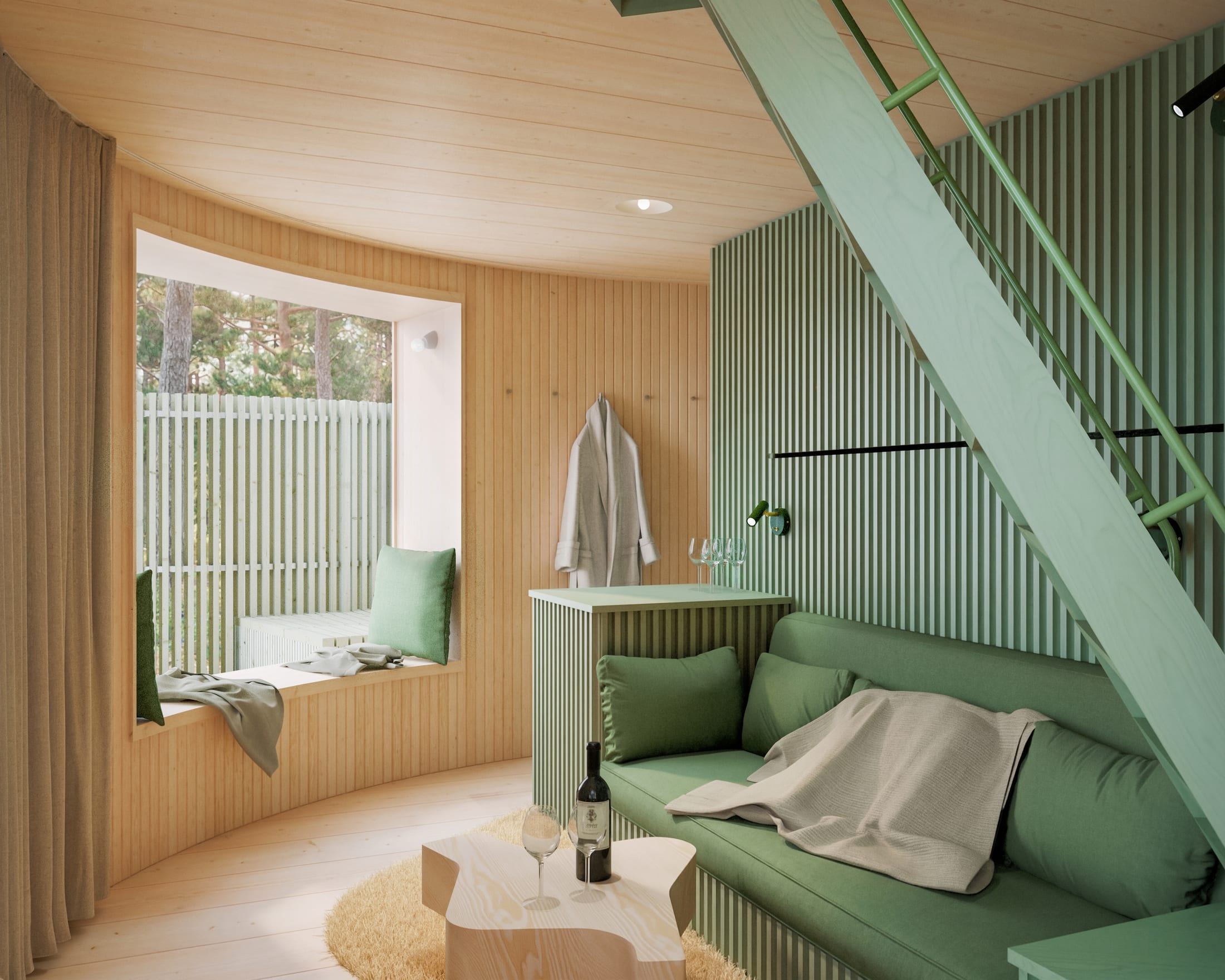 Treehotel — Innenraum von Oasis mit geschwungenen Holzwänden, die den Blick nach oben lenken