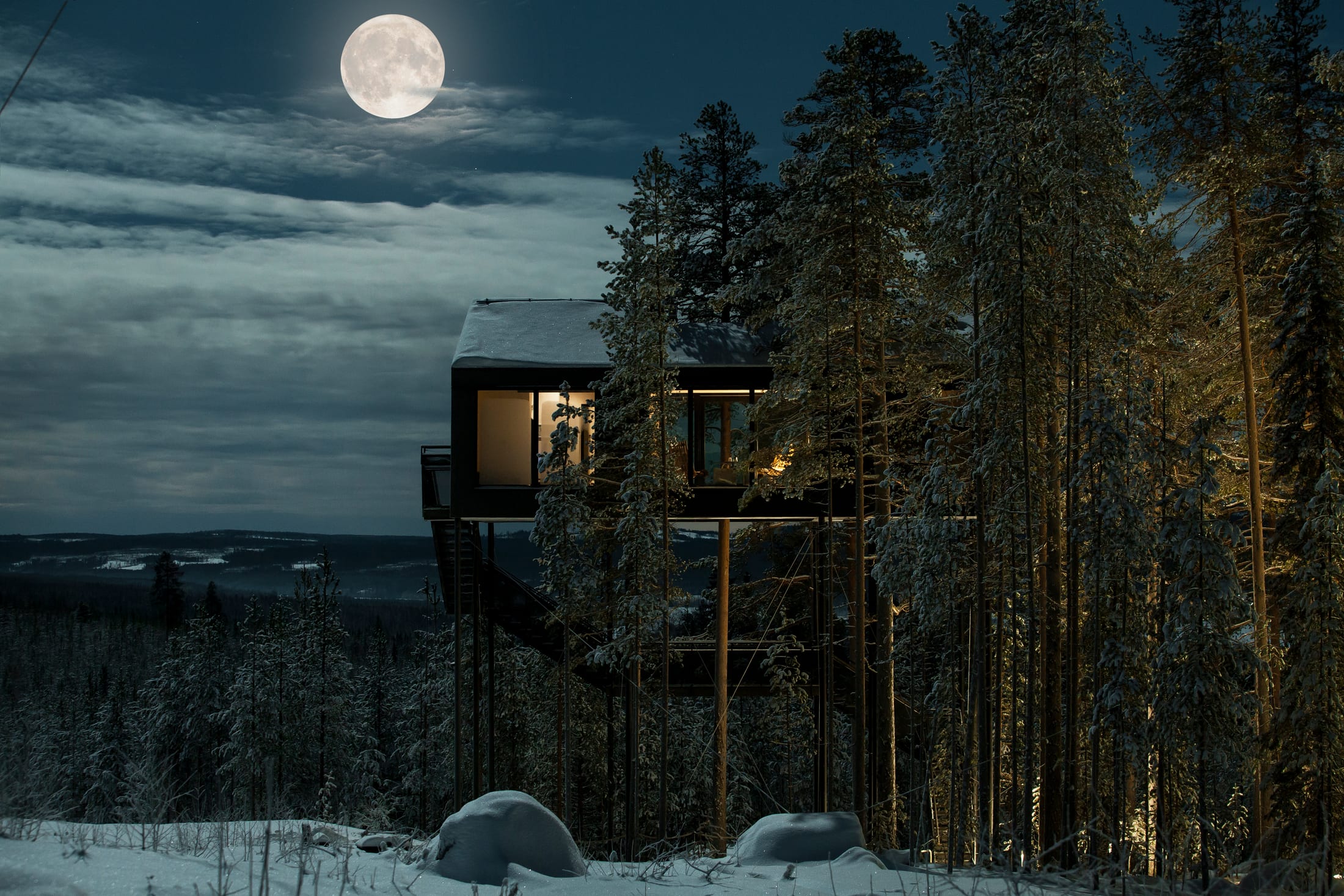 Treehotel — das 7th Room aus geschwärztem Holz bei Mondlicht über den Baumwipfeln
